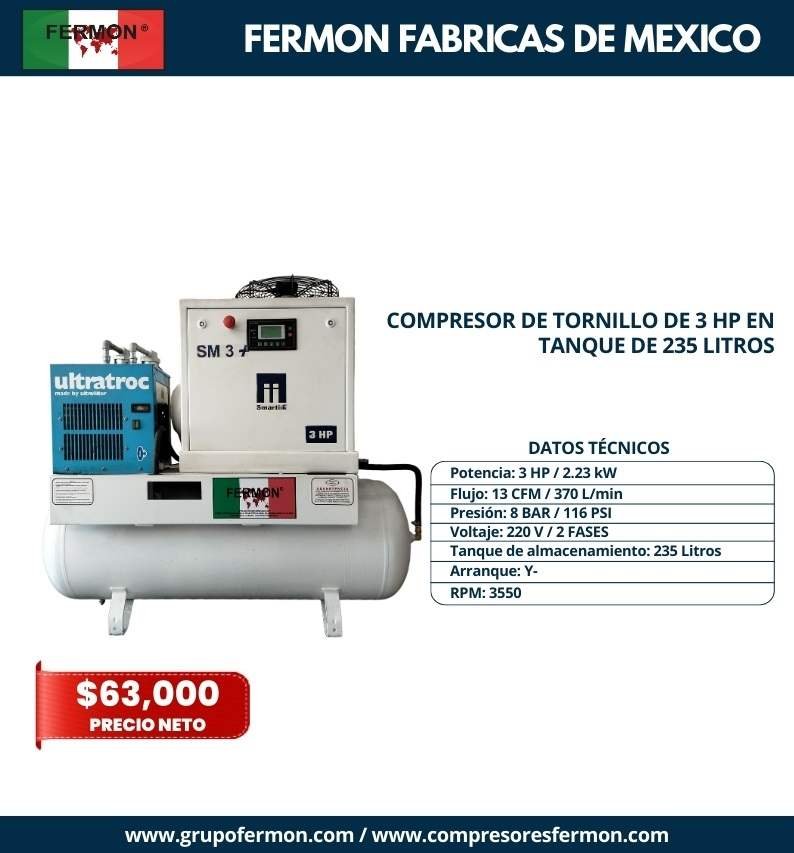 COMPRESOR DE TORNILLO DE 3 HP EN TANQUE DE 235 LITROS