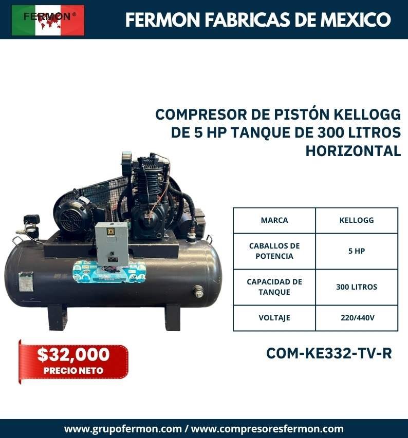 COMPRESOR DE PISTÓN KELLOGG DE 5 HP TANQUE DE 300 LITROS HORIZONTAL